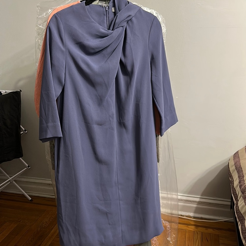 Blue cos dress knee length modest work wear party dress